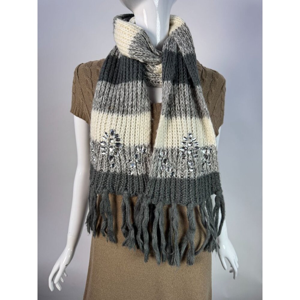 Charming Charlie Gray & Ivory Striped Knit Scarf W/ Rhinestone Embellishments &